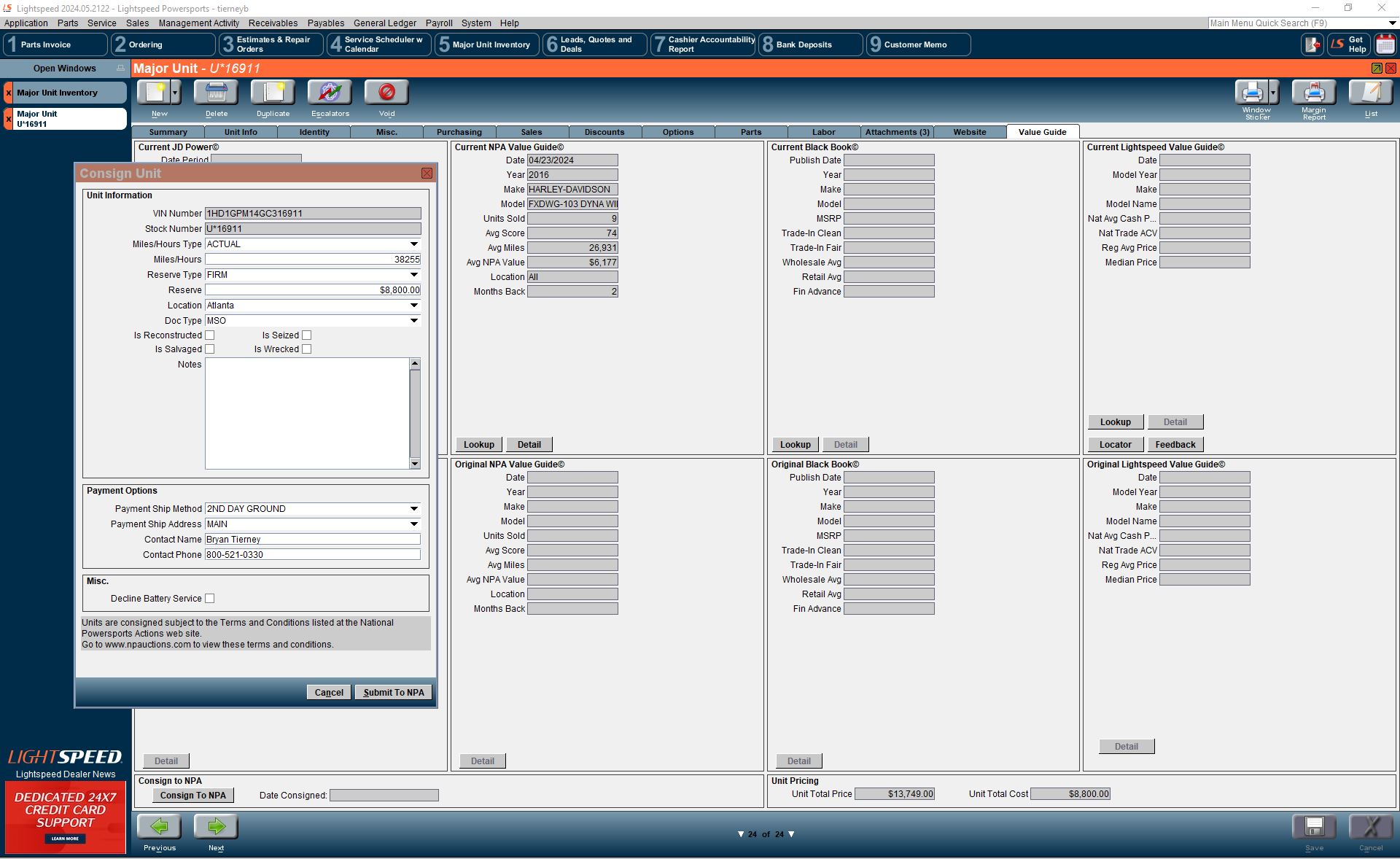 An image of Lightspeed DMS highlighting the Consign to NPA functionality.